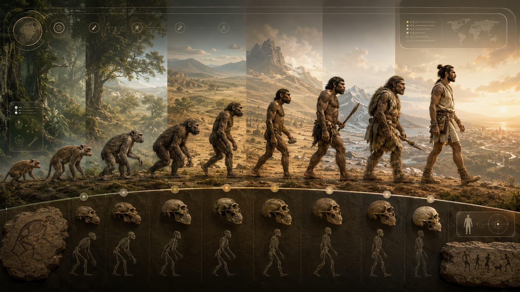 Timeline illustration of early primates evolving toward modern humans